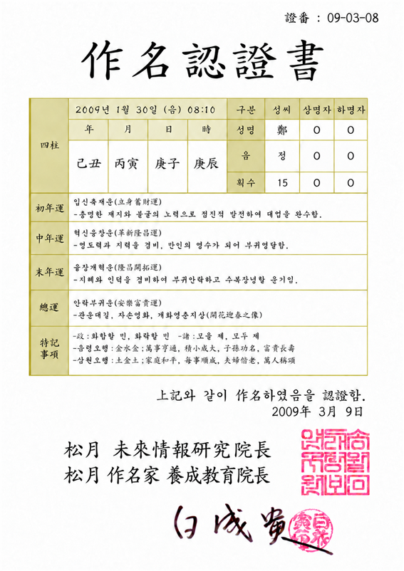 송월미래정보연구원 작명인증서 견본